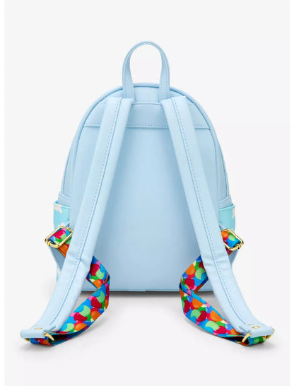 Light blue backpack with colorful straps on a white background