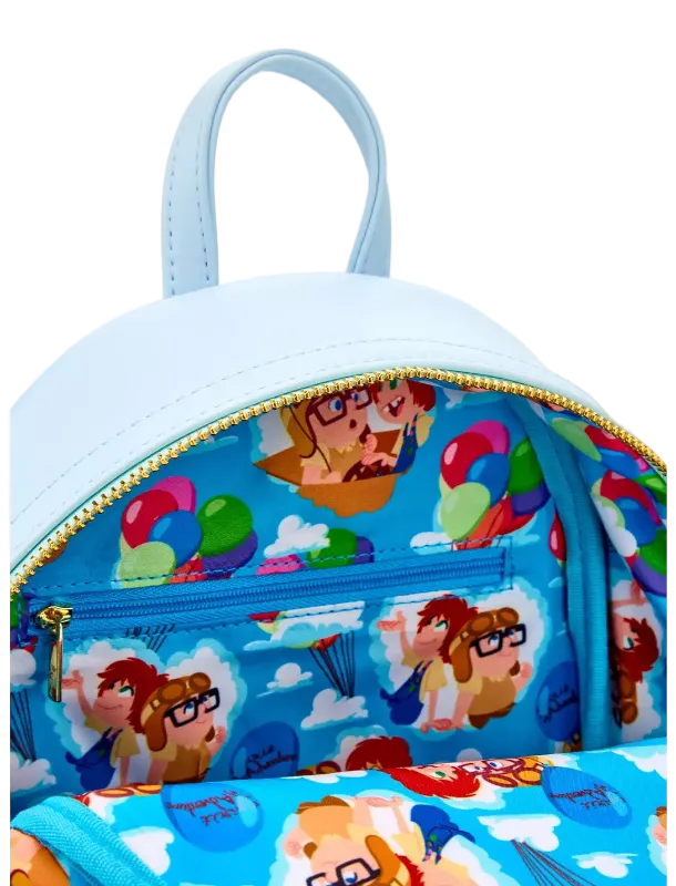 Colorful backpack with cartoon character design on a white background