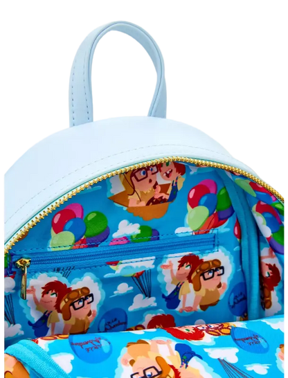 Colorful backpack with cartoon character design on a white background