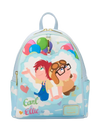 Backpack with cartoon characters and colorful balloons on a light blue background