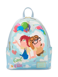 Backpack with cartoon characters and colorful balloons on a light blue background