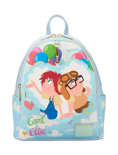Backpack with cartoon characters and colorful balloons on a light blue background