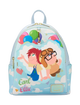 Backpack with cartoon characters and colorful balloons on a light blue background