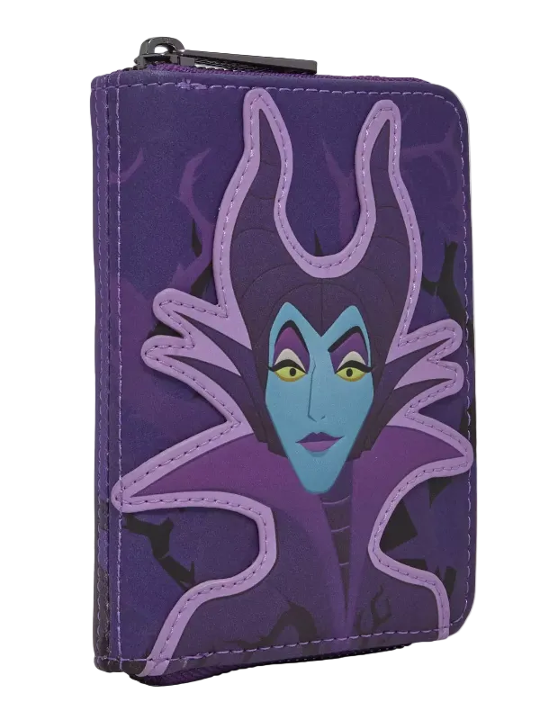 A purple zip-around wallet featuring a stylized graphic of Maleficent with her horns and dark dress on the front, shown against a plain light background.