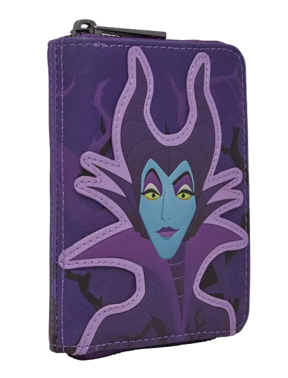 A purple zip-around wallet featuring a stylized graphic of Maleficent with her horns and dark dress on the front, shown against a plain light background.