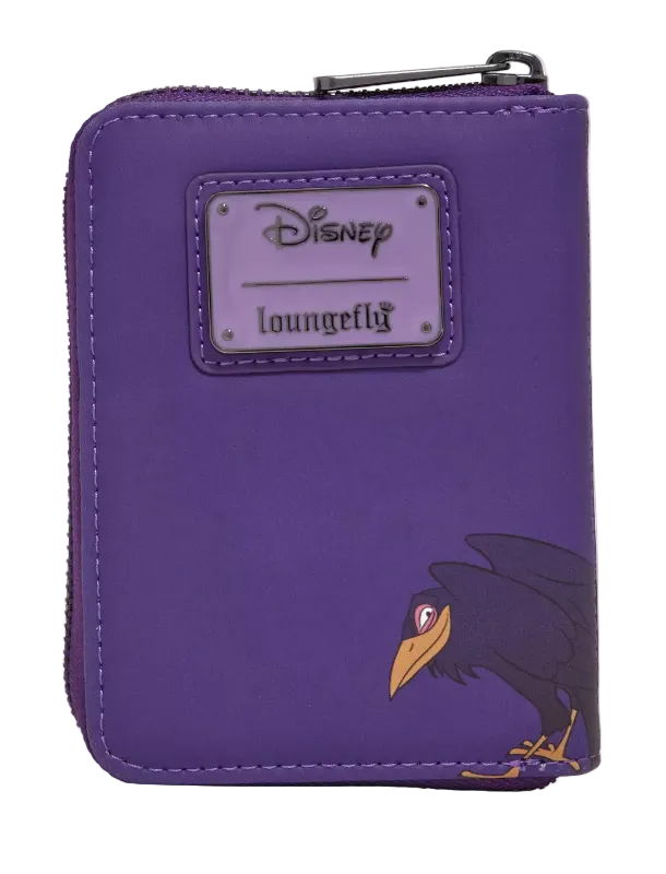 A purple zip-around wallet featuring a silver-tone Disney Loungefly logo patch on the front and a graphic of the character Scorpion at the bottom right.