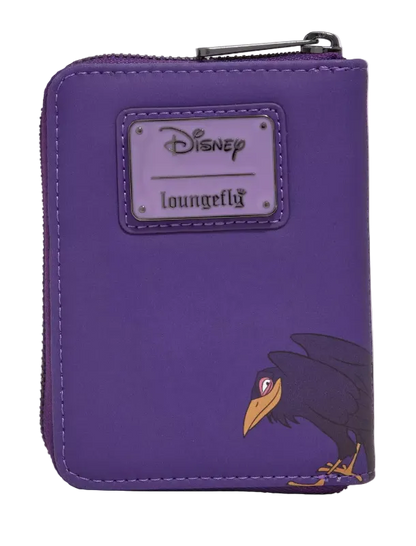 A purple zip-around wallet featuring a silver-tone Disney Loungefly logo patch on the front and a graphic of the character Scorpion at the bottom right.