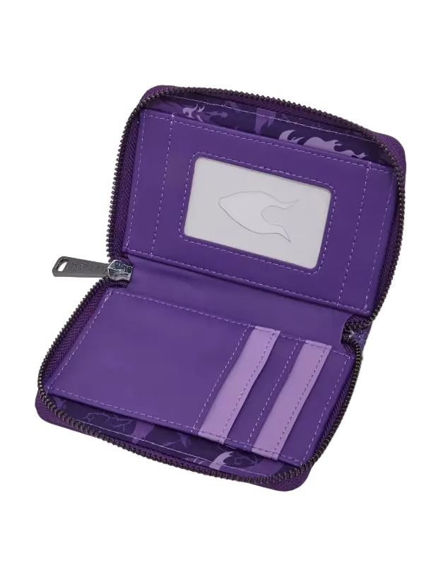 A purple zippered wallet shown open, featuring multiple card slots, a clear ID window with a stylized logo, and a silver zipper pull, photographed on a light gray background.