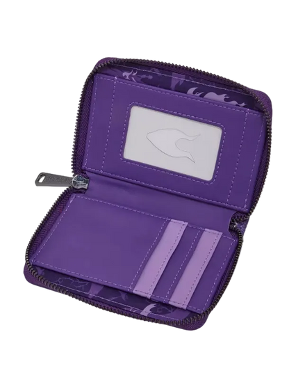 A purple zippered wallet shown open, featuring multiple card slots, a clear ID window with a stylized logo, and a silver zipper pull, photographed on a light gray background.