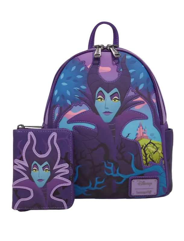 A purple Disney Maleficent backpack set with a matching zip pouch, featuring a printed graphic of Maleficent with blue and purple tones, on a light gray background.