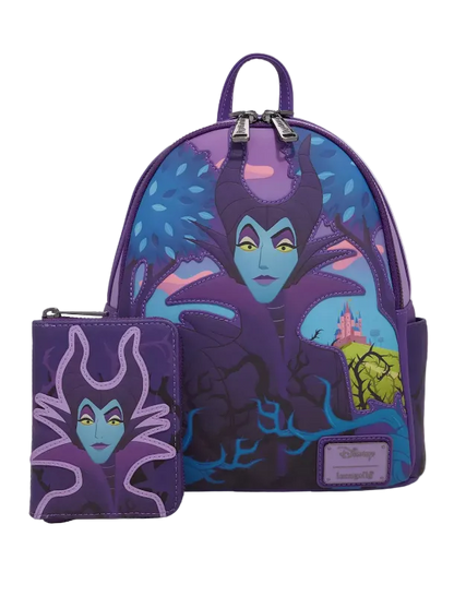 A purple Disney Maleficent backpack set with a matching zip pouch, featuring a printed graphic of Maleficent with blue and purple tones, on a light gray background.