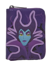 A purple zip-around wallet featuring a stylized graphic of Maleficent from Disney's Cinderella Castle, shown against a plain white background.