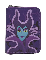 A purple zip-around wallet featuring a stylized graphic of Maleficent from Disney's Cinderella Castle, shown against a plain white background.