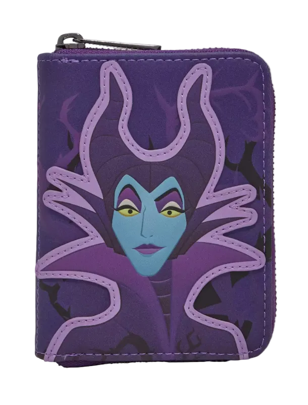 A purple zip-around wallet featuring a stylized graphic of Maleficent from Disney's Cinderella Castle, shown against a plain white background.