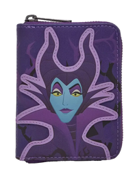A purple zip-around wallet featuring a stylized graphic of Maleficent from Disney's Cinderella Castle, shown against a plain white background.