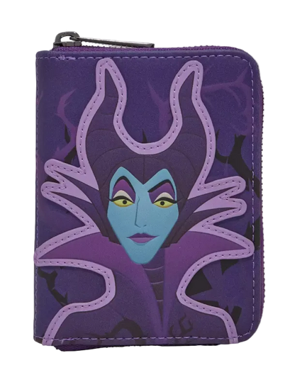 A purple zip-around wallet featuring a stylized graphic of Maleficent from Disney's Cinderella Castle, shown against a plain white background.