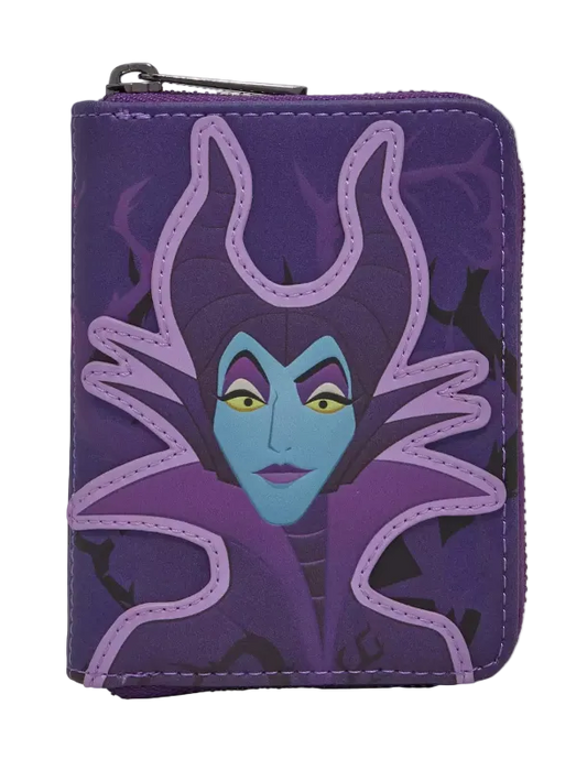 A purple zip-around wallet featuring a stylized graphic of Maleficent from Disney's Cinderella Castle, shown against a plain white background.