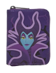 A purple zip-around wallet featuring a stylized graphic of Maleficent from Disney's Cinderella Castle, shown against a plain white background.