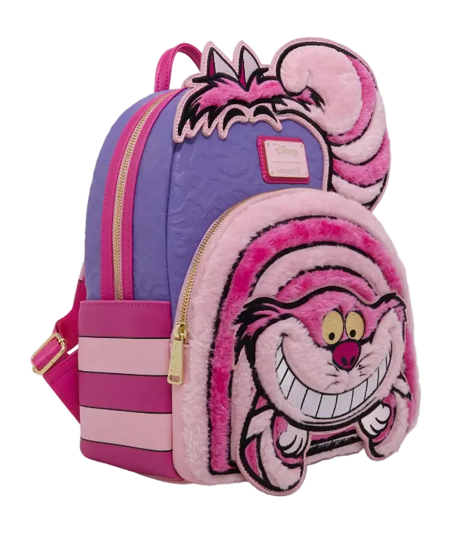 Pink and purple backpack with Cheshire Cat design on a white background
