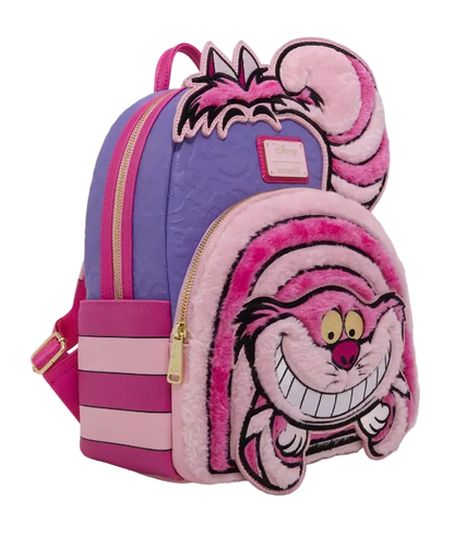 Pink and purple backpack with Cheshire Cat design on a white background