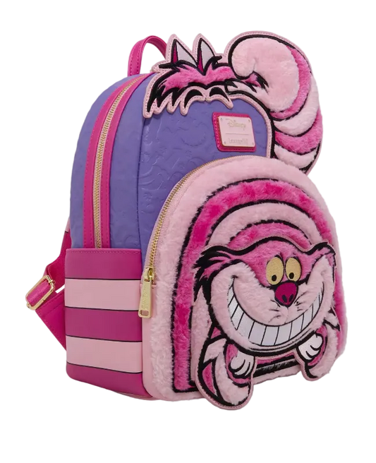Pink and purple backpack with Cheshire Cat design on a white background
