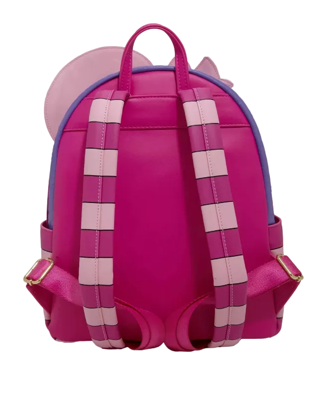 Pink and purple backpack with checkered straps on a white background