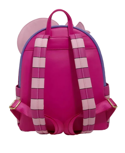 Pink and purple backpack with checkered straps on a white background