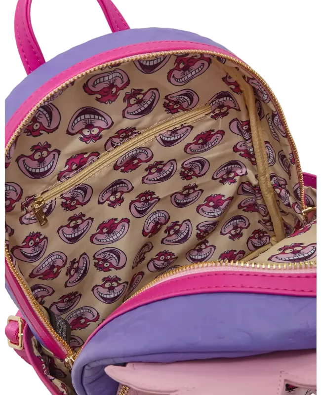 Backpack with a patterned interior and pink and purple exterior