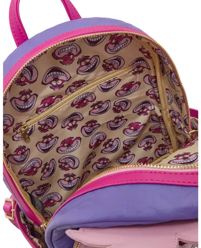 Backpack with a patterned interior and pink and purple exterior