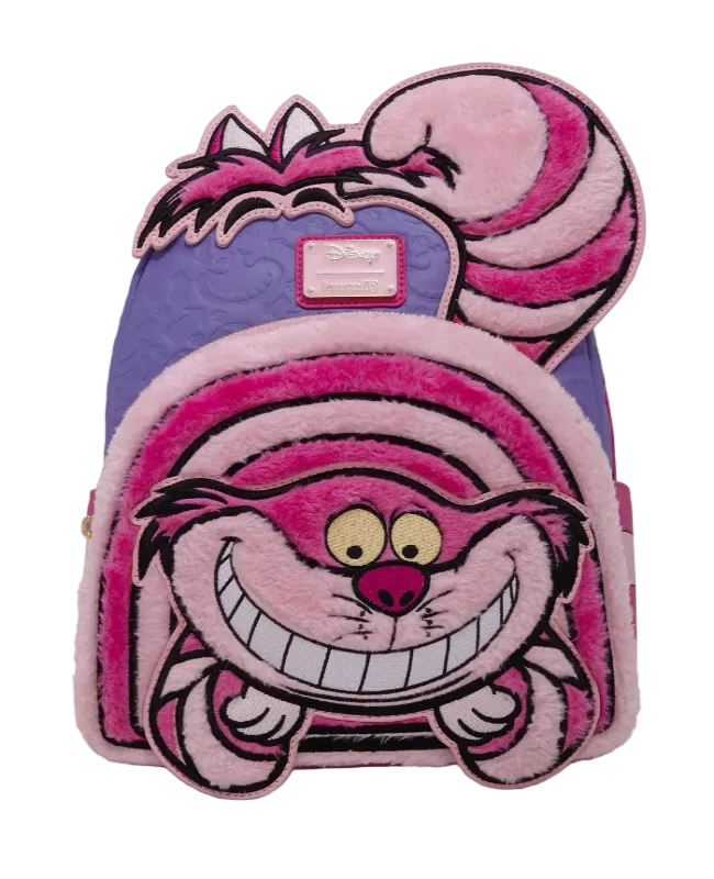 Plush backpack with Cheshire Cat design on a white background