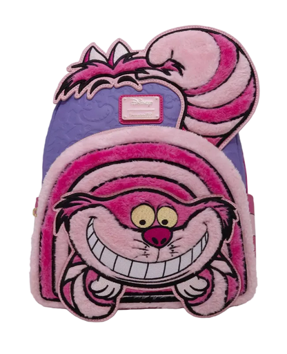 Plush backpack with Cheshire Cat design on a white background