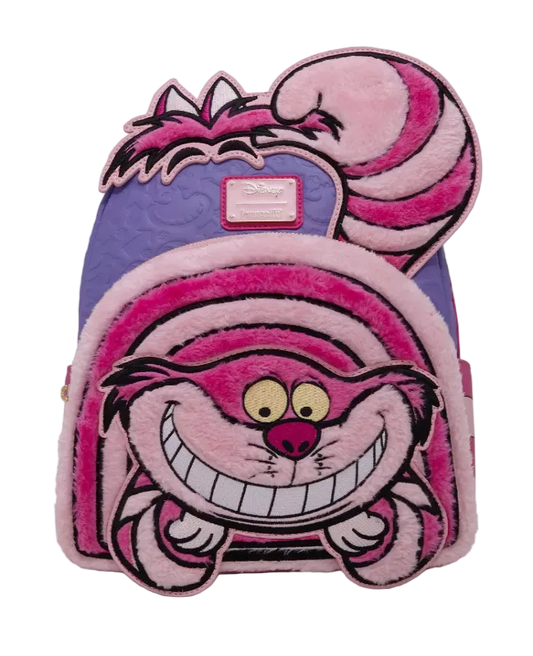 Plush backpack with Cheshire Cat design on a white background