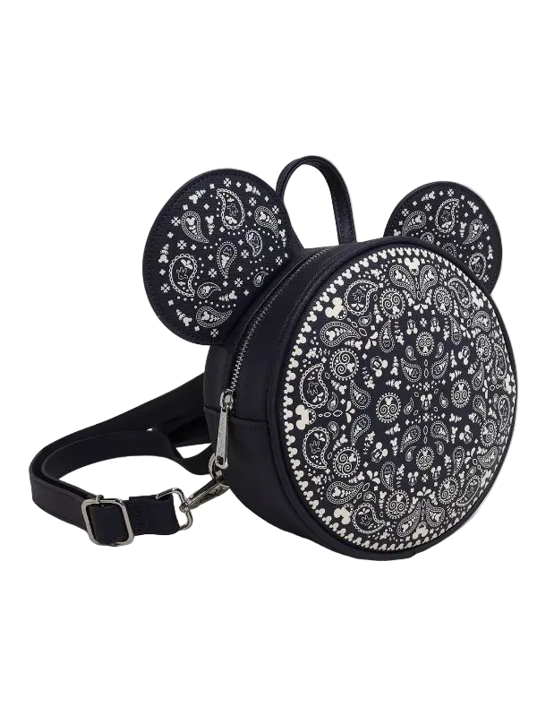 Black backpack with paisley pattern and ears on a white background