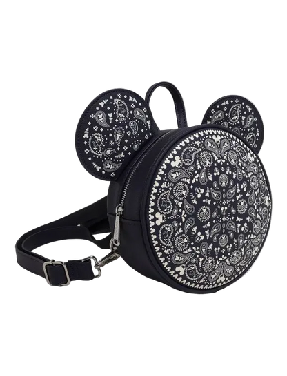 Black backpack with paisley pattern and ears on a white background