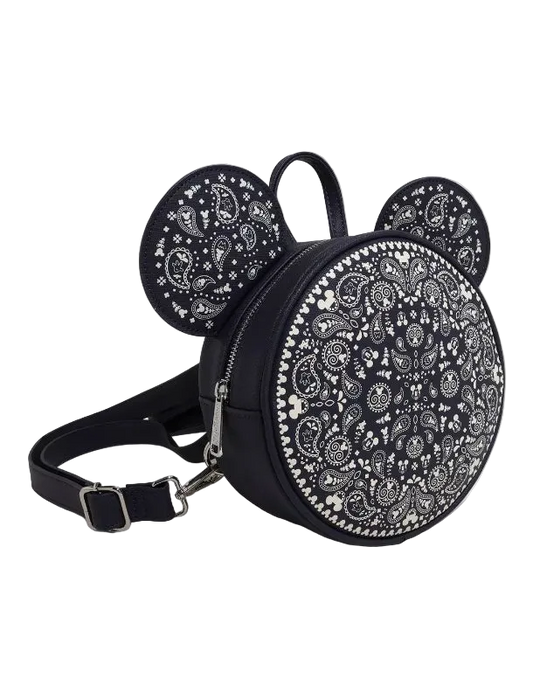 Black backpack with paisley pattern and ears on a white background