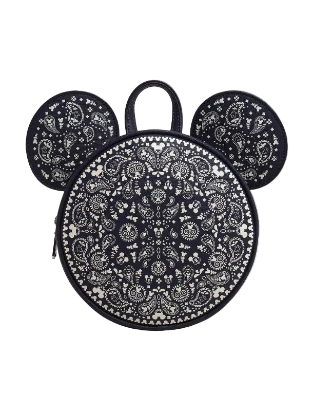 Black and white patterned backpack with mouse ears on a white background