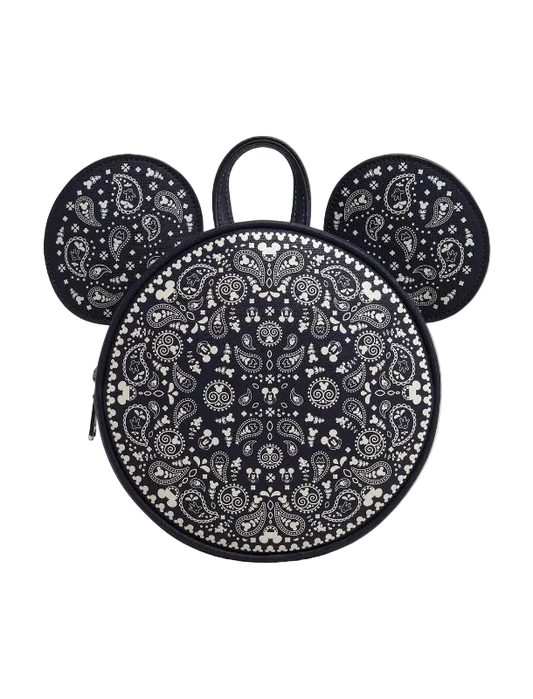 Black and white patterned backpack with mouse ears on a white background