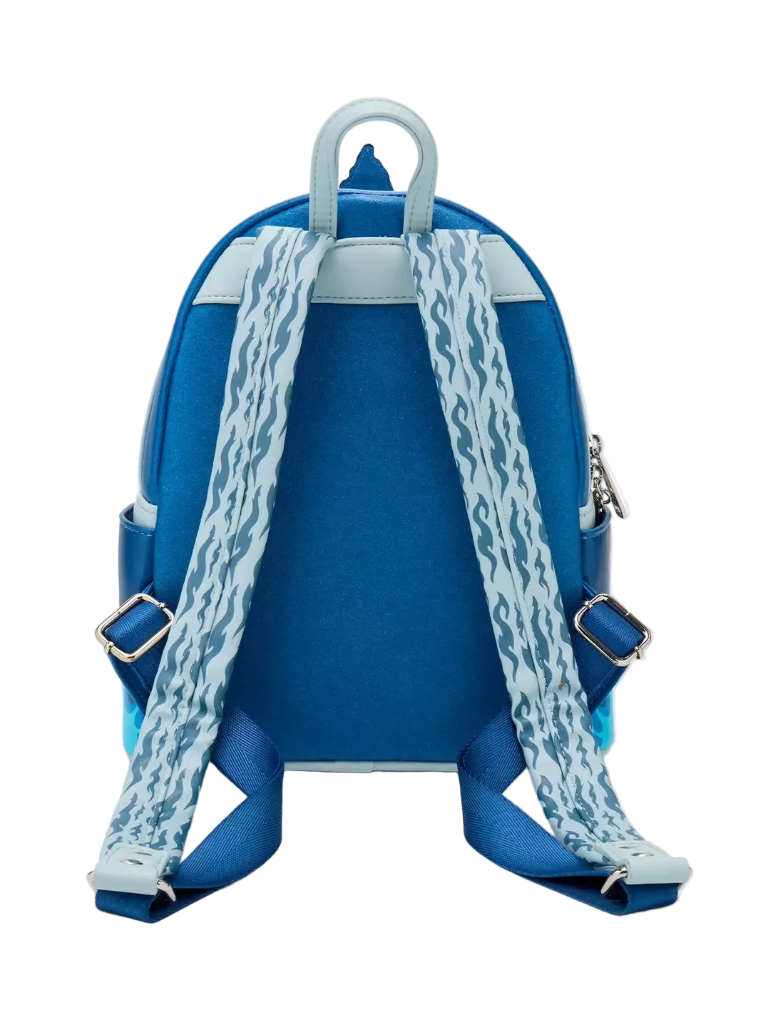 A blue backpack shown from the back, featuring light blue patterned shoulder straps with silver metal buckles and a light blue top handle on a white background.