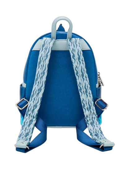 A blue backpack shown from the back, featuring light blue patterned shoulder straps with silver metal buckles and a light blue top handle on a white background.