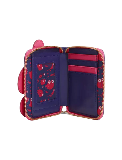An open zip-around wallet with a pink and navy patterned interior, featuring card slots, an ID window, and a small side loop, photographed on a clean white background.