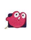 A small zip-around wallet featuring a large, glossy hot pink cartoon bird character on the front, set against a dark navy blue textured background with a gold-tone zipper pull.