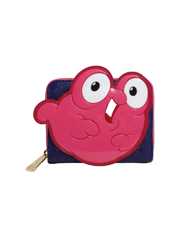 A small zip-around wallet featuring a large, glossy hot pink cartoon bird character on the front, set against a dark navy blue textured background with a gold-tone zipper pull.