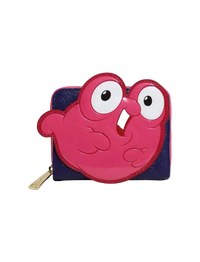 A small zip-around wallet featuring a large, glossy hot pink cartoon bird character on the front, set against a dark navy blue textured background with a gold-tone zipper pull.