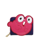 A small zip-around wallet featuring a large, glossy hot pink cartoon bird character on the front, set against a dark navy blue textured background with a gold-tone zipper pull.