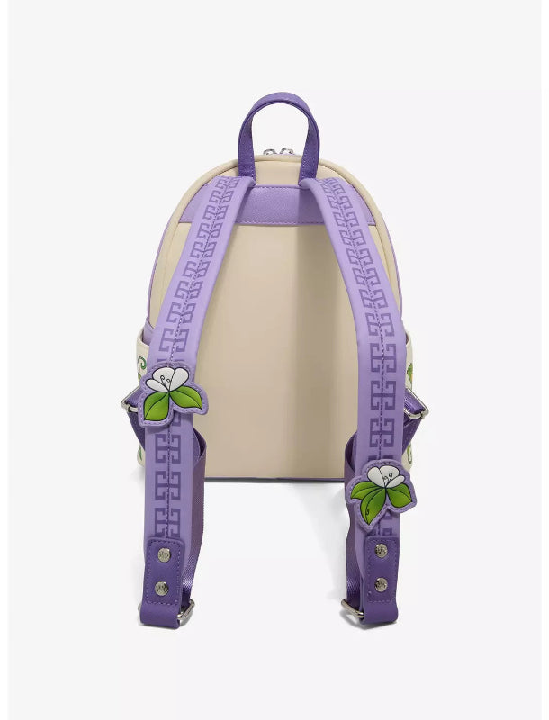 Beige backpack with purple straps featuring floral designs on a white background