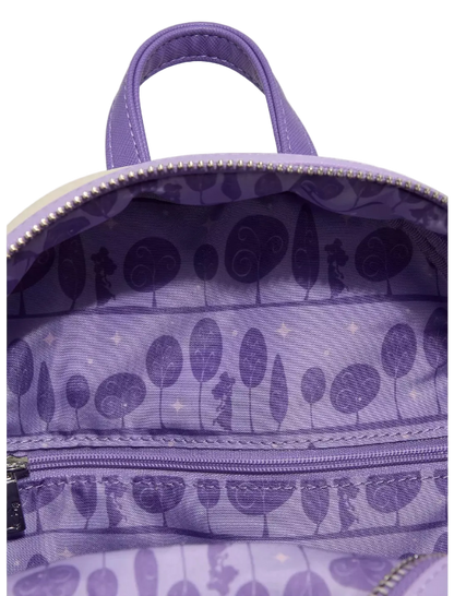 Purple backpack with tree pattern on a white background