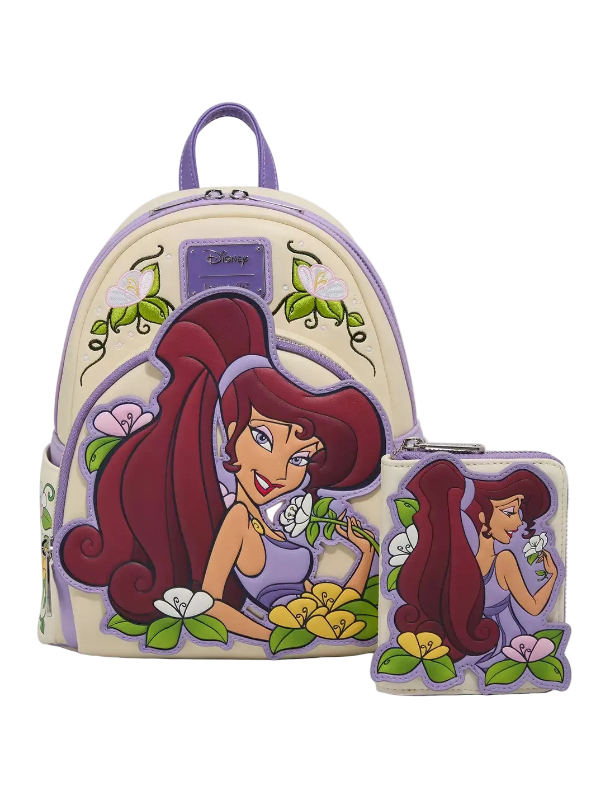 Backpack and wallet set featuring a character with red hair and floral design on a white background