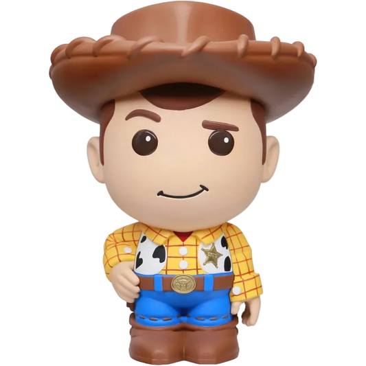 Toy figure of a character in a cowboy outfit with a brown hat on a white background