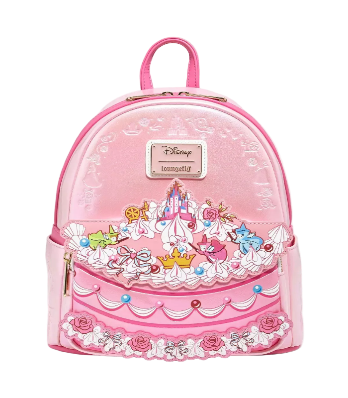 Pink backpack with Disney princess design on a white background