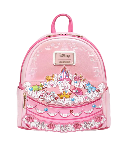 Pink backpack with Disney princess design on a white background